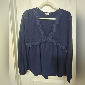 Chic Navy Women's Blouse with Lace Trim